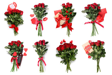 Set of bouquets of beautiful red roses on white background. Valentine's Day celebration