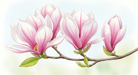 Obraz premium Beautiful pink magnolia flowers blooming on a branch.