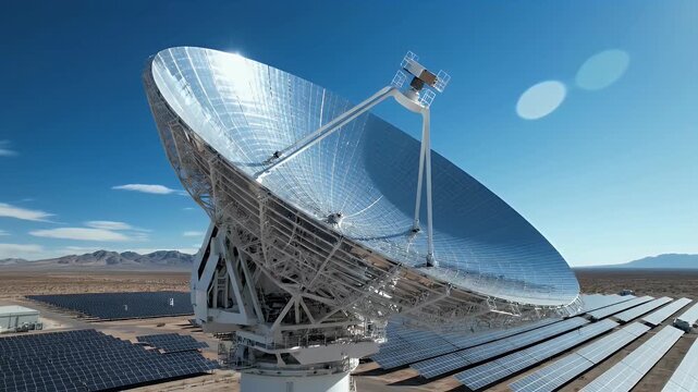 Large parabolic satellite dish antenna with solar panels