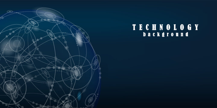 Abstract global technology background with glowing digital spheres, connected nodes and network lines. Global communication, data exchange and futuristic technology. eps10.