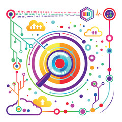 Obraz premium Magnifying glass at center of colorful digital graphics. Lines, circles, and cloud shapes representing data and technology. Investigation and analysis concept
