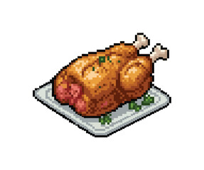A pixel art illustration of a golden brown roasted chicken with visible herbs, presented on a white rectangular platter with a few green garnishes. Easter Food Pixel Art Illustration.