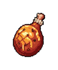 A round glass bottle filled with golden honey and dark spices, depicted in pixel art style. Easter Food Pixel Art Illustration.