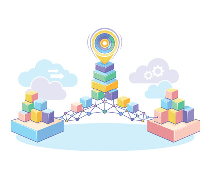 Blocks of different colors stacked in towers at center. Two groups of blocks sitting on bases at sides. Lines connecting towers. Clouds are in background
