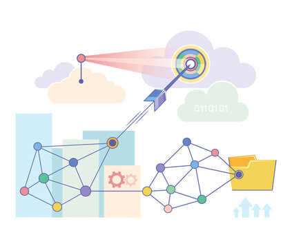 Network diagram showing data moving from source to destination through clouds and nodes. Colorful lines connecting various elements in structured layout