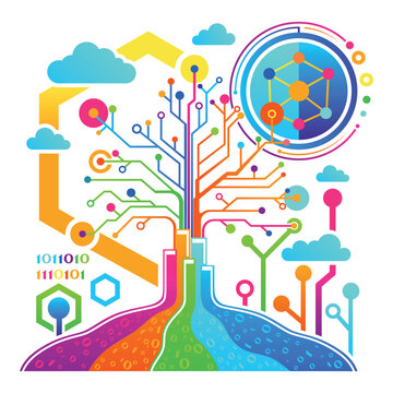 Tree design with colorful branches resembling circuits and data connections on background with clouds and shapes. Technology and nature concept