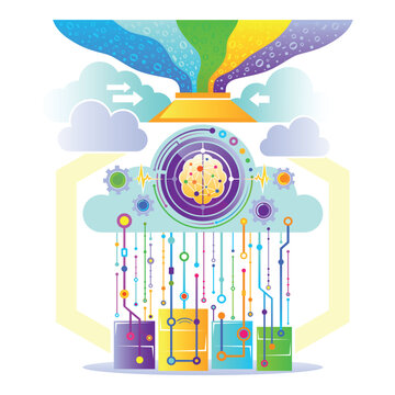 Colors and shapes flowing from funnel, mixing with clouds. Circular patterns and lines representing ideas merging into design. Shapes below gathering these elements in structured way