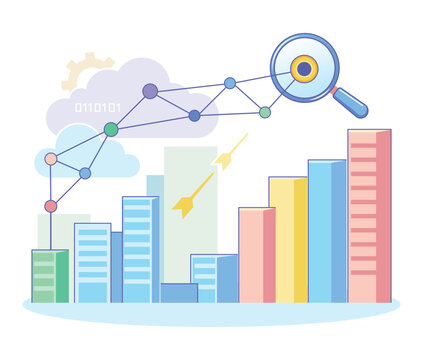 Chart showing data growth with bars of different heights. Magnifying glass highlighting specific point on line graph. Background with clouds and geometric shapes