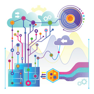 Colorful digital art piece with network of connected lines and shapes. Circles and gears interacting creating vibrant representation of technology and data flow