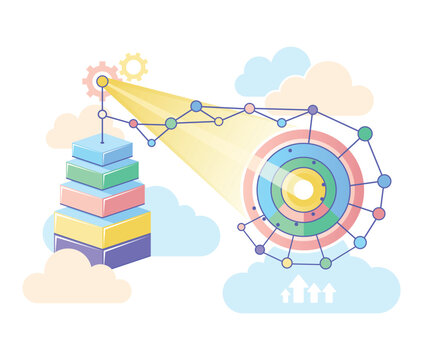 Workspace with colorful blocks stacked in pattern, with light beam shining on circular target. Gears and clouds surrounding scene, indicating action and focus