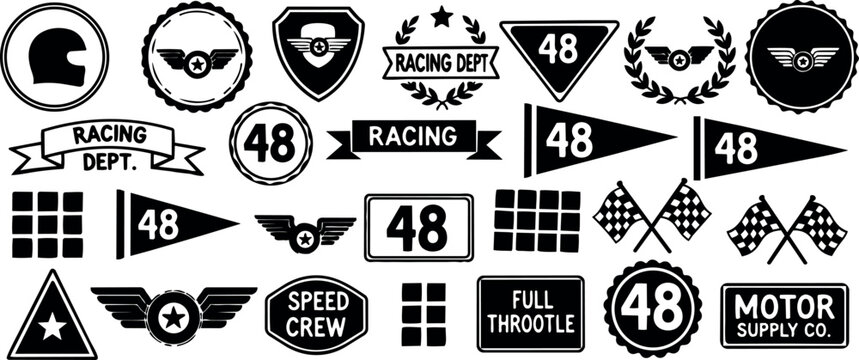 Vintage racing department badge collection with helmets flags speed crew and motor supply company logos retro style