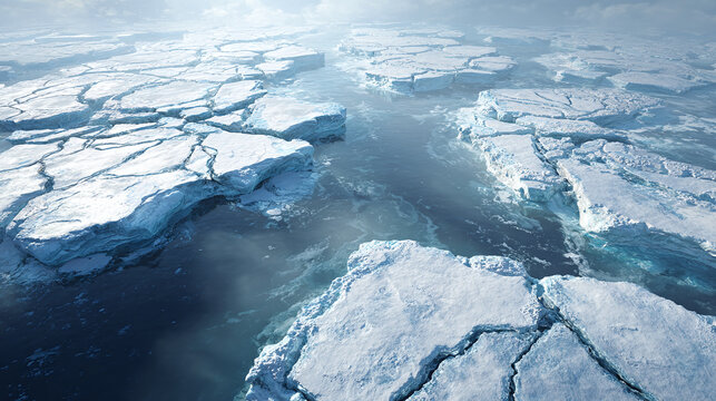 A vast arctic landscape with icy floes and a frigid, expansive ocean. The image captures the chilling beauty of the polar regions