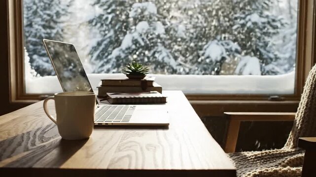 Cinematic view of serene laptop workstation on wooden table by window during peaceful winter snow at cozy home office with tranquil atmosphere