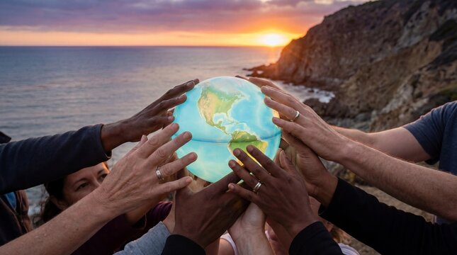 Diverse hands holding a globe at sunset by the ocean