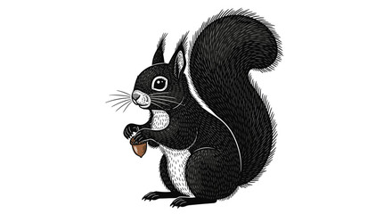A detailed illustration of a black squirrel with a bushy tail, holding a single brown acorn in its paws, against a plain white background. © Story