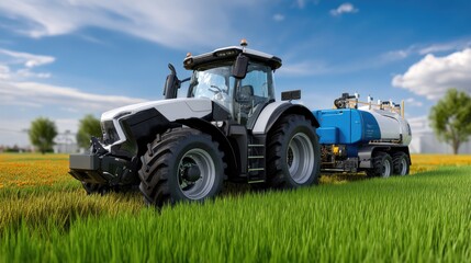 Obraz premium Modern Agricultural Tractor with Tanker on Lush Green Field Under Bright Blue Sky with Fluffy Clouds
