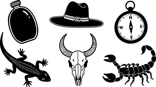 Tattoo flash western icon set showing hat, canteen, compass, lizard, bull skull and scorpion in distressed black flat vector isolated
