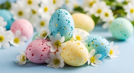 Fototapeta premium Easter eggs and flowers on light blue background