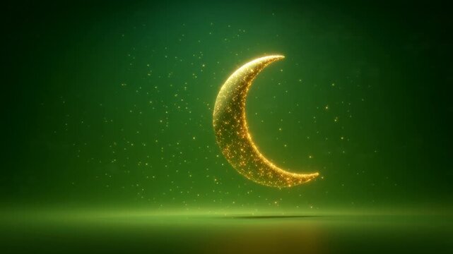Glowing crescent moon on green background.
