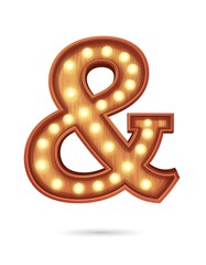 Illuminated ampersand sign, warm wood grain and glowing bulbs. Vector style on a white background