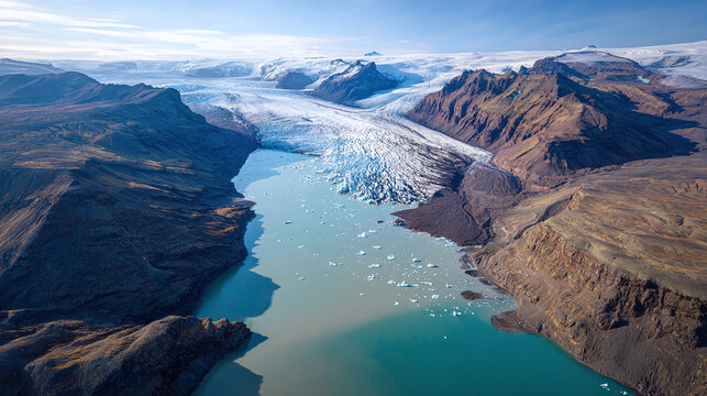 An aerial view of a glacial lake, featuring a stunning mountain range and a vast expanse of water