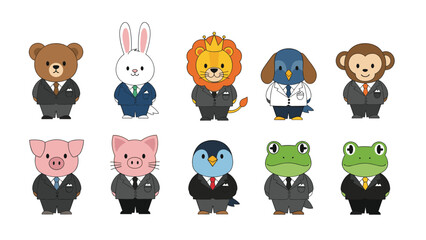 Obraz premium Charming set of cute animals like a bear, rabbit, and lion dressed in formal business suits and colorful neckties on white.