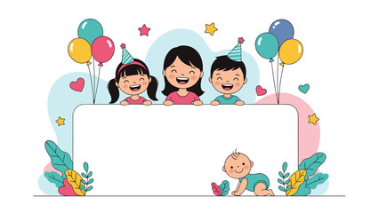 Fototapeta premium Happy illustration of three children and a baby crawling in front of a large blank white banner with colorful party decorations.