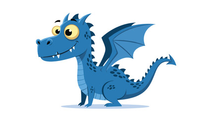 Fototapeta premium Friendly cartoon illustration of a cute blue dragon with small wings and yellow eyes standing on a plain white background.