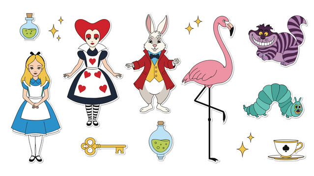Whimsical set of characters from Alice in Wonderland including Alice, the Queen of Hearts, the White Rabbit, and Cheshire Cat.