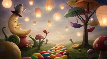Whimsical moon character amidst colorful eggs and lanterns in a fantastical garden scene at dusk