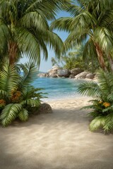 Fototapeta premium Inviting sandy pathway framed by lush palms and turquoise water beyond, creating a dreamy tropical escape perfect for travel marketing, posters, or summer branding.
