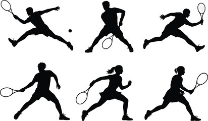 Obraz premium Tennis player silhouette, action pose, racket sport, athletic movement, dynamic stance, black graphic, sports icon, competitive game, minimal design, motion