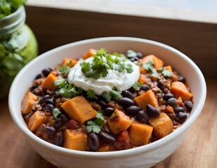 bowl of sweet potato and black bean chili topped with a dollop of sour cream