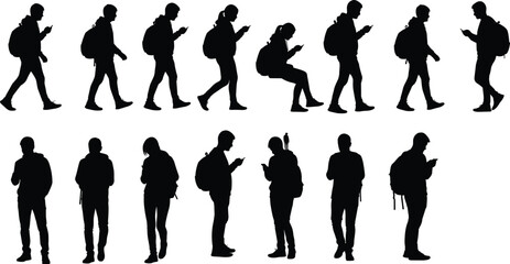 Silhouettes of people with backpacks, using smartphones, walking, standing, sitting, modern lifestyle, mobile technology, youth culture, black vector illustration, digital interaction, connectivity © Jonn