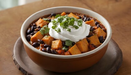 bowl of sweet potato and black bean chili topped with a dollop of sour cream