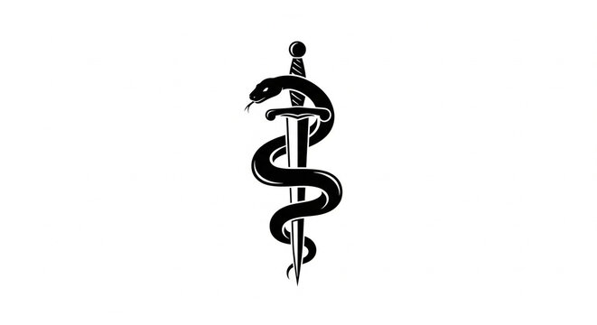 Snake wrapped around sword logo black and white minimalist serpent vector emblem isolated on white