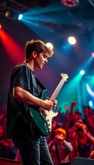 Young musician electrifies a vibrant concert crowd with a passionate guitar solo, bathed in stage lights,  youth,  amplification