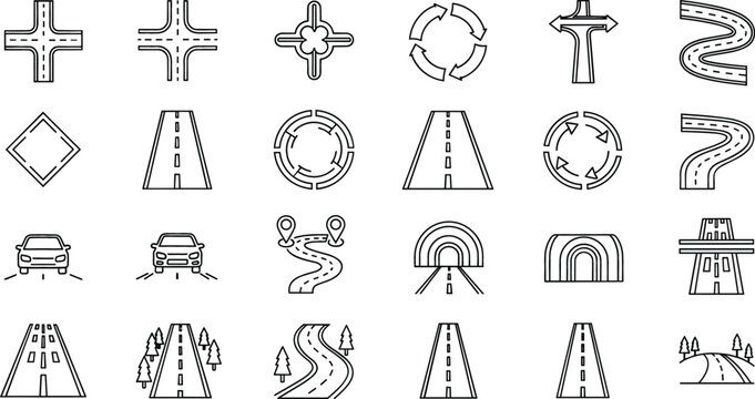 Road and highway infrastructure icon set with intersections, tunnels, bridges, and navigation symbols for transportation branding vector