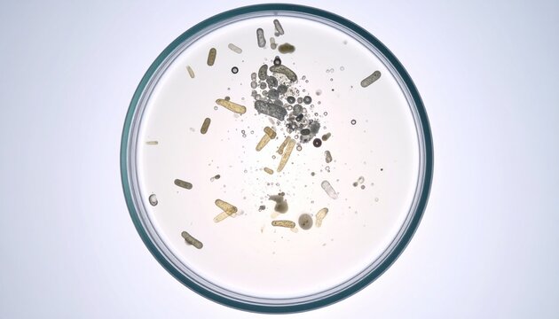 Close Up View of Microscopic Crystals and Debris in a Glass Petri Dish with a White Background in Laboratory Settings