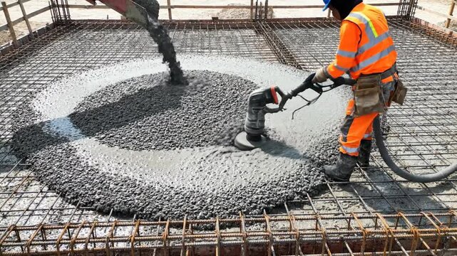 Construction workers laying concrete on a grid of metal rebar in a building site