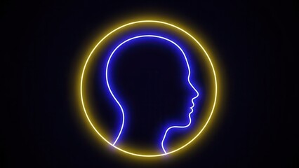 Obraz premium Bright blue human profile outlined in vivid neon light within a radiant yellow energy halo of
