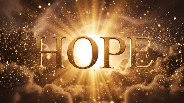 Majestic golden word HOPE shines brightly amidst swirling clouds and ethereal light