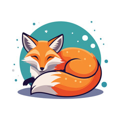 A serene illustration of a sleeping fox curled up, surrounded by a calming blue circle and stars, in a peaceful environment from a front viewpoint as seen in C121.eps