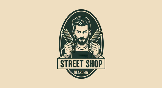 Barber shop logo with stylish man holding clippers and comb.