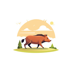Illustration of a wild boar walking in a serene landscape with trees and a sunny sky