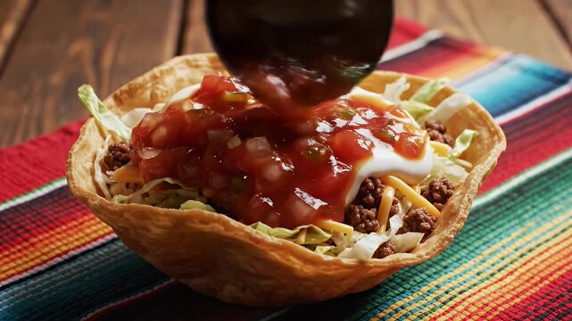 Spicy salsa pouring over a taco salad in a crunchy bowl