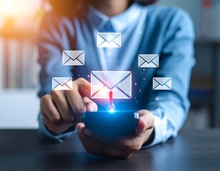 Person holding phone with digital email icons floating around