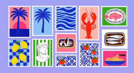Fototapeta premium Travel and Culinary Themed Postage Stamps Featuring Tropical Palms, Seafood, and Mediterranean Motifs