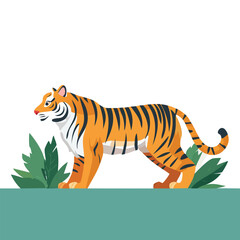 Tiger walking through foliage viewed from side on a flat surface, C127.eps reference, graphic illustration