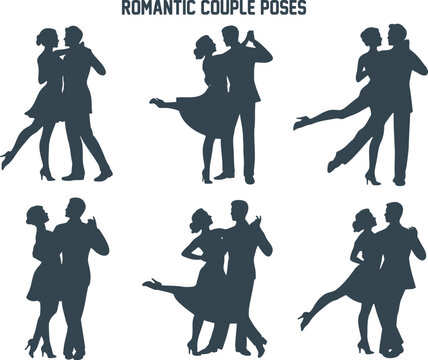 Elegant silhouettes depicting romantic couples in various graceful dance poses and affectionate embraces